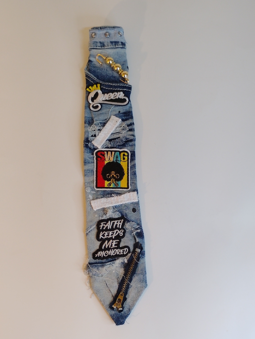 Light Blue Patchwork Tie - Denim with SWAG & Queen Patches